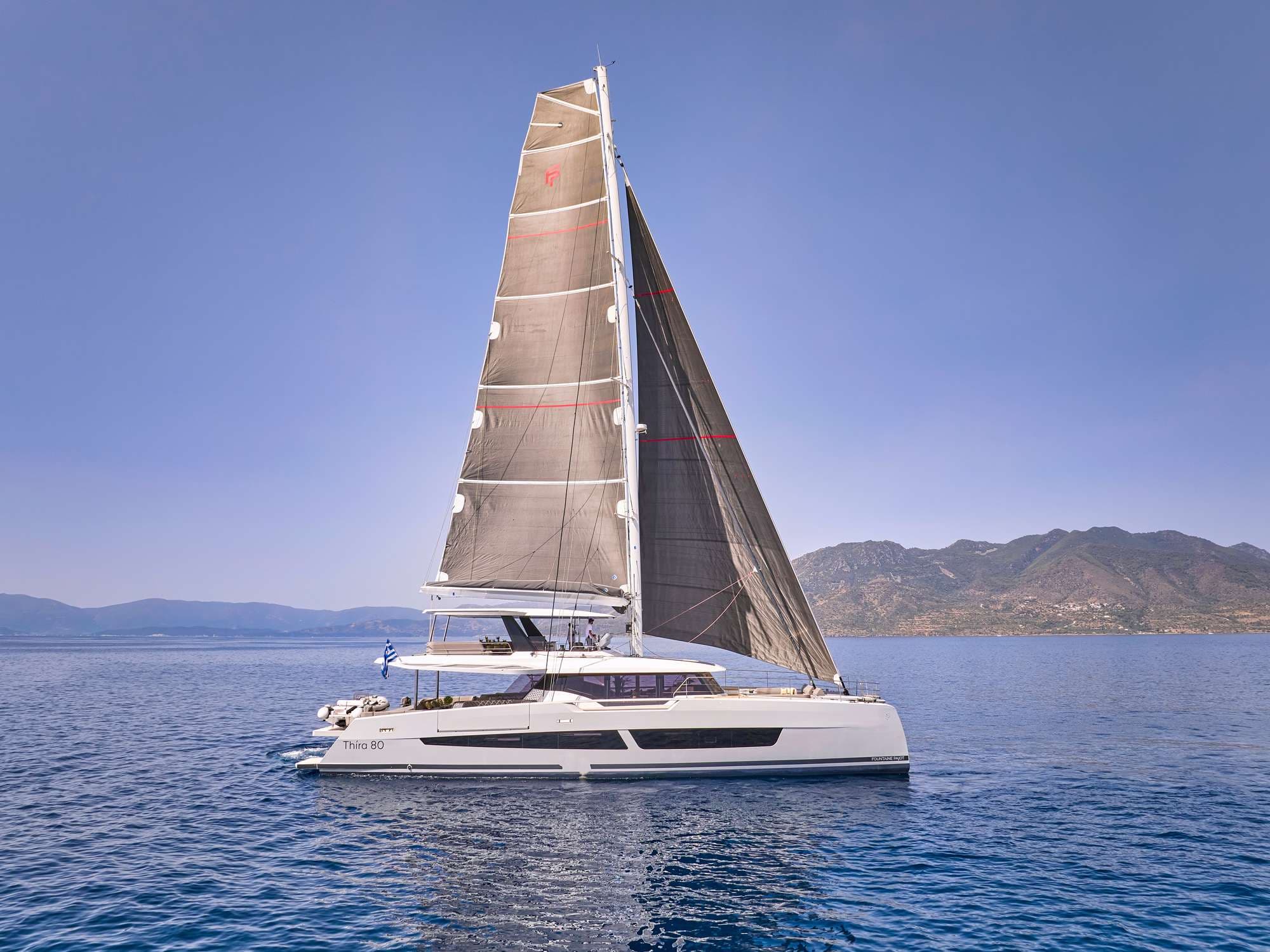 24-metre Fountaine Pajot Thira 80 sailing catamaran Aloia — solar-powered luxury charter for 10 guests in Greece